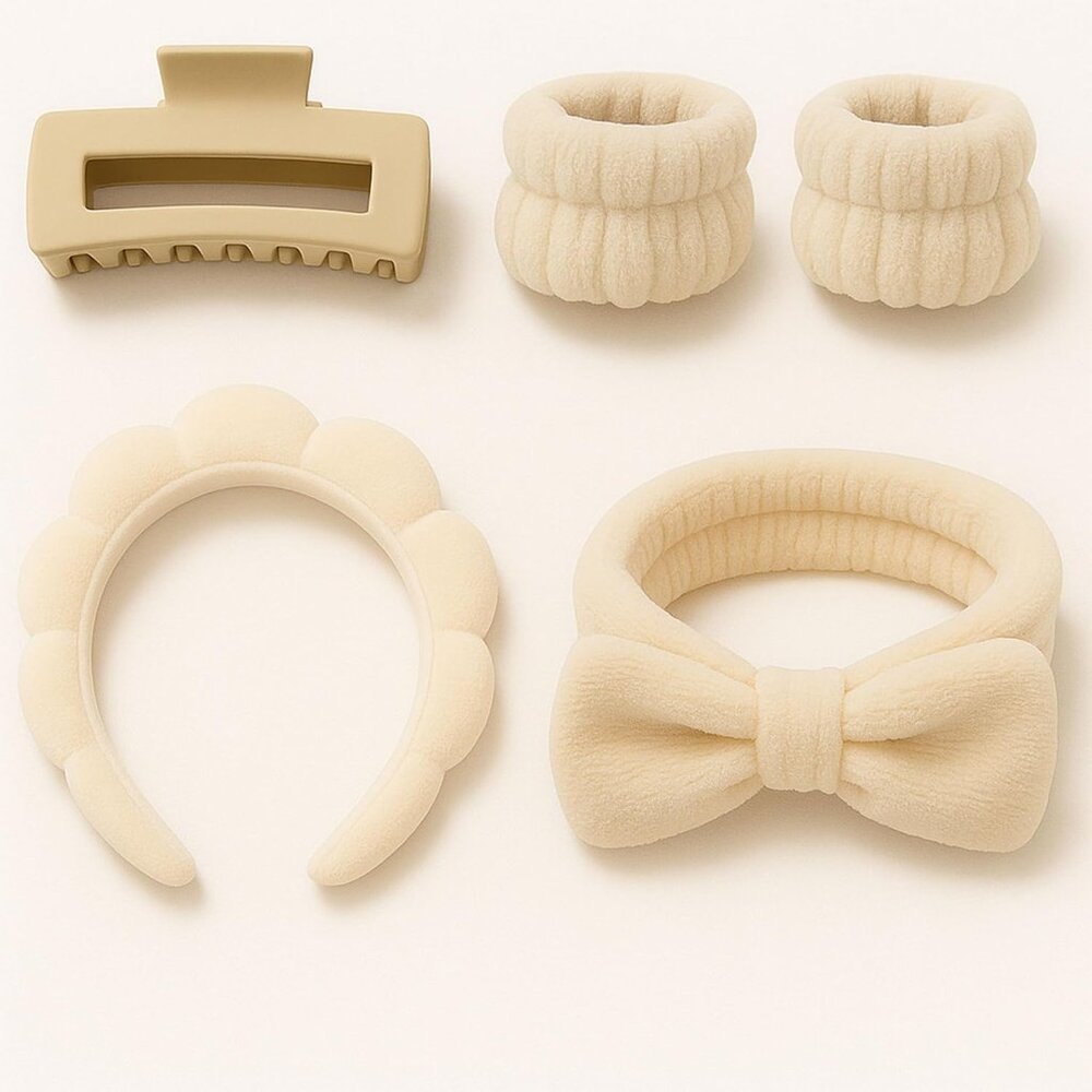 5 Pc Spa Set, Facial Spa Headbands and Wristband Set for Makeup, Skincare, Face